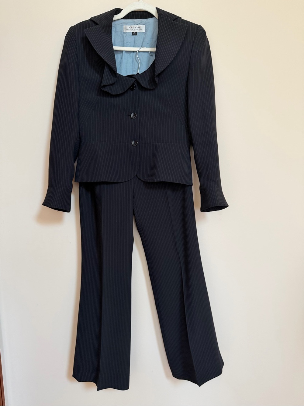 Classic Women's Black Pinstripe Pantsuit with Ruffle Collar